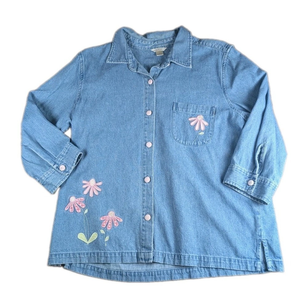 Christopher & Banks Embroidered Denim Button Front Shirt Women's Large Floral